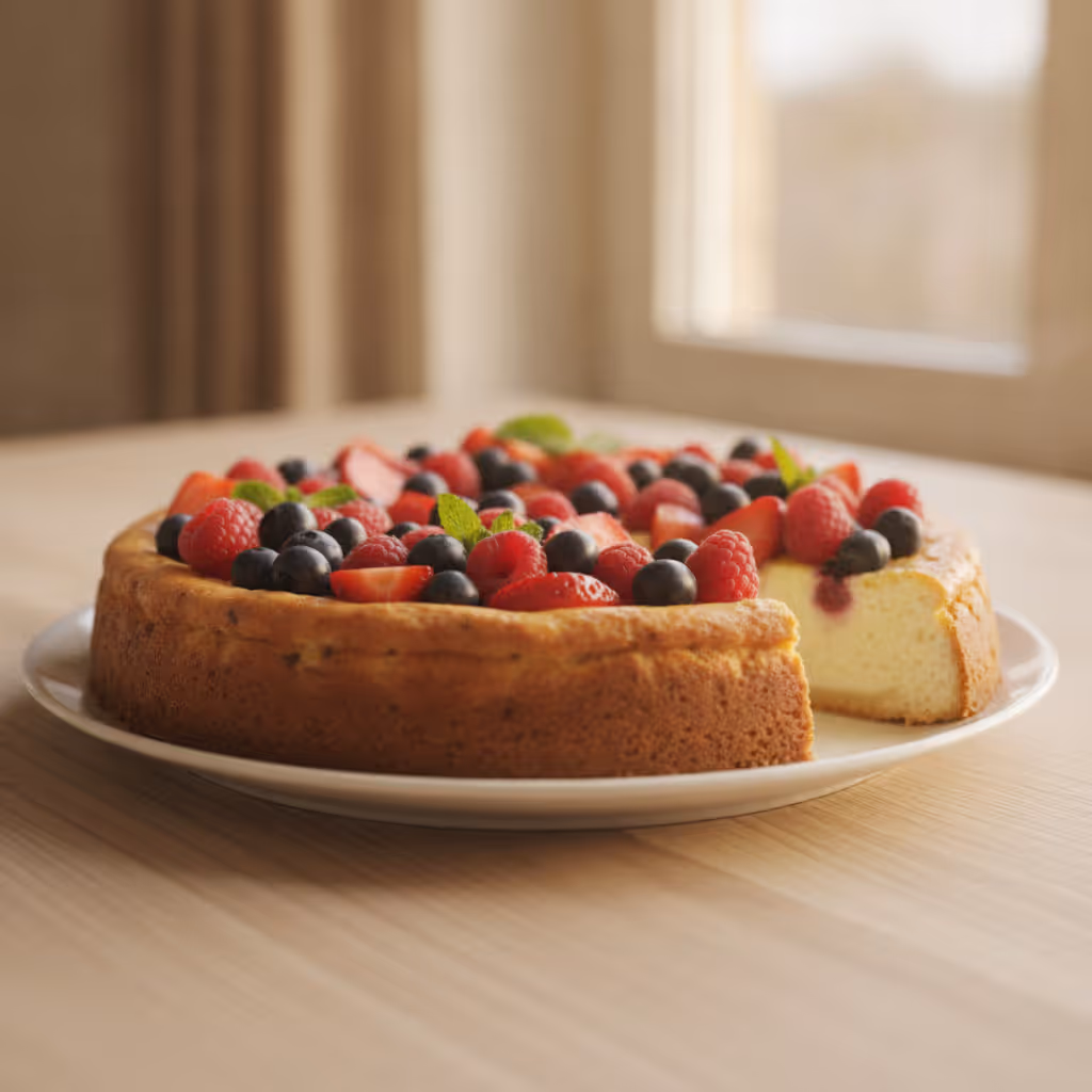 Quarkkuchen mit Früchten, fertig angerichtet