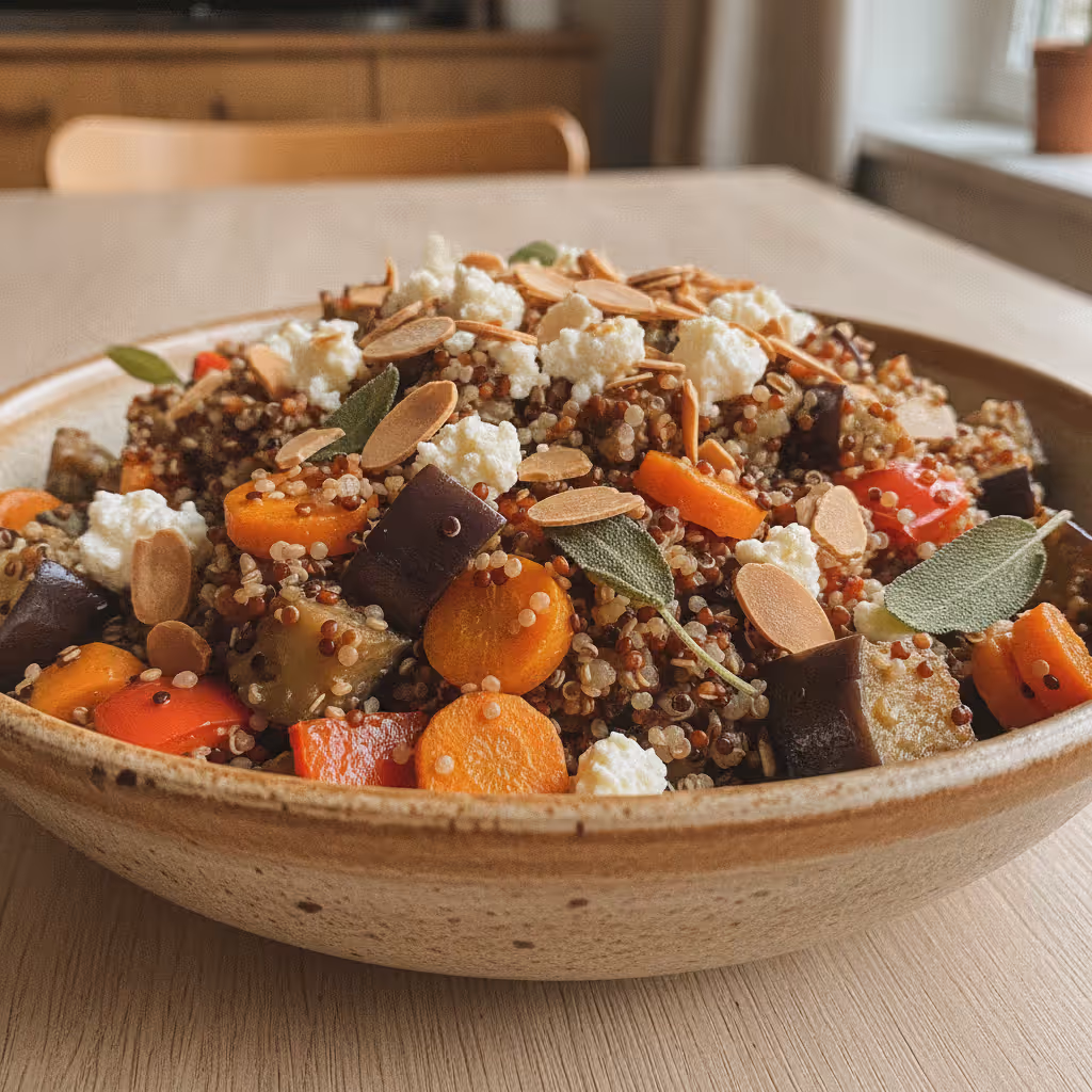 Quinoa-Gemüse-Pfanne mit Mandeln und Feta
