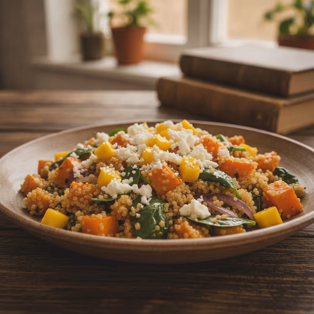 Quinoa mit Kürbis, Schafskäse und Mango, fertig angerichtet