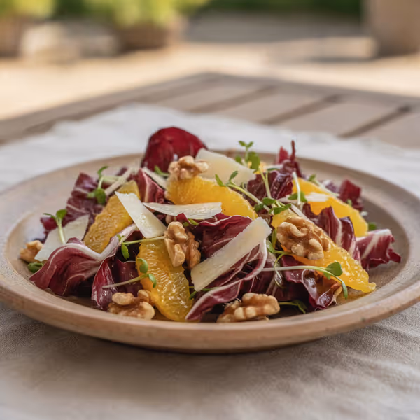 Radicchiosalat mit Orange, Walnüssen, Pecorino und Kresse