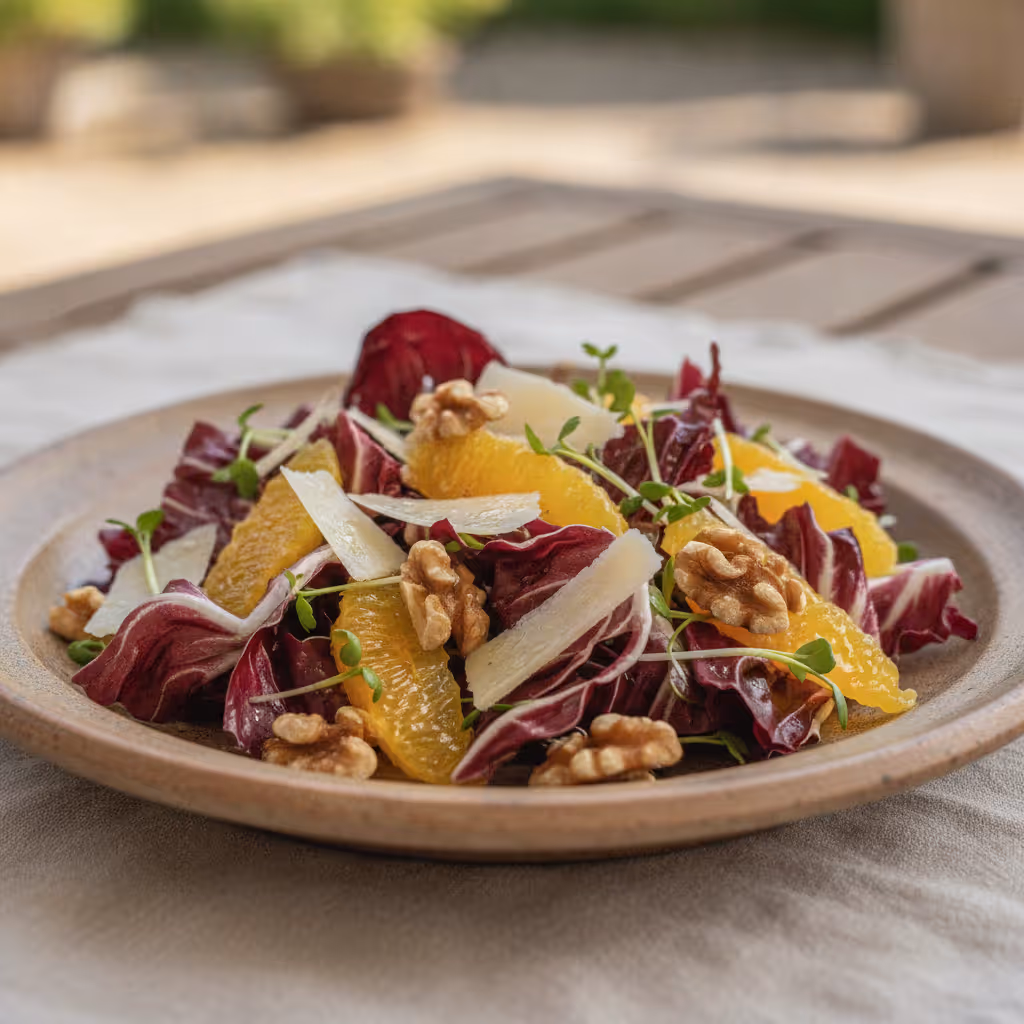 Radicchiosalat mit Orange, Walnüssen, Pecorino und Kresse, fertig angerichtet