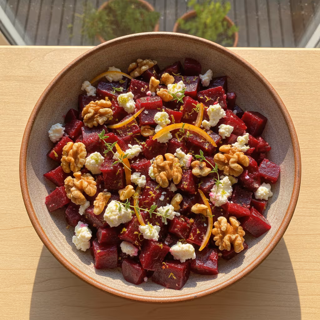 Rote-Beete-Walnuss-Salat mit Schafskäse, fertig angerichtet