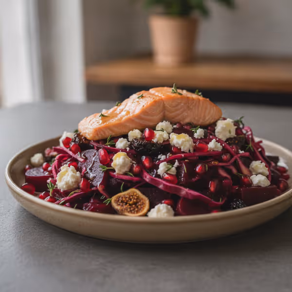 Rotkohl-Rote-Bete-Salat mit Feta und gegartem Lachs