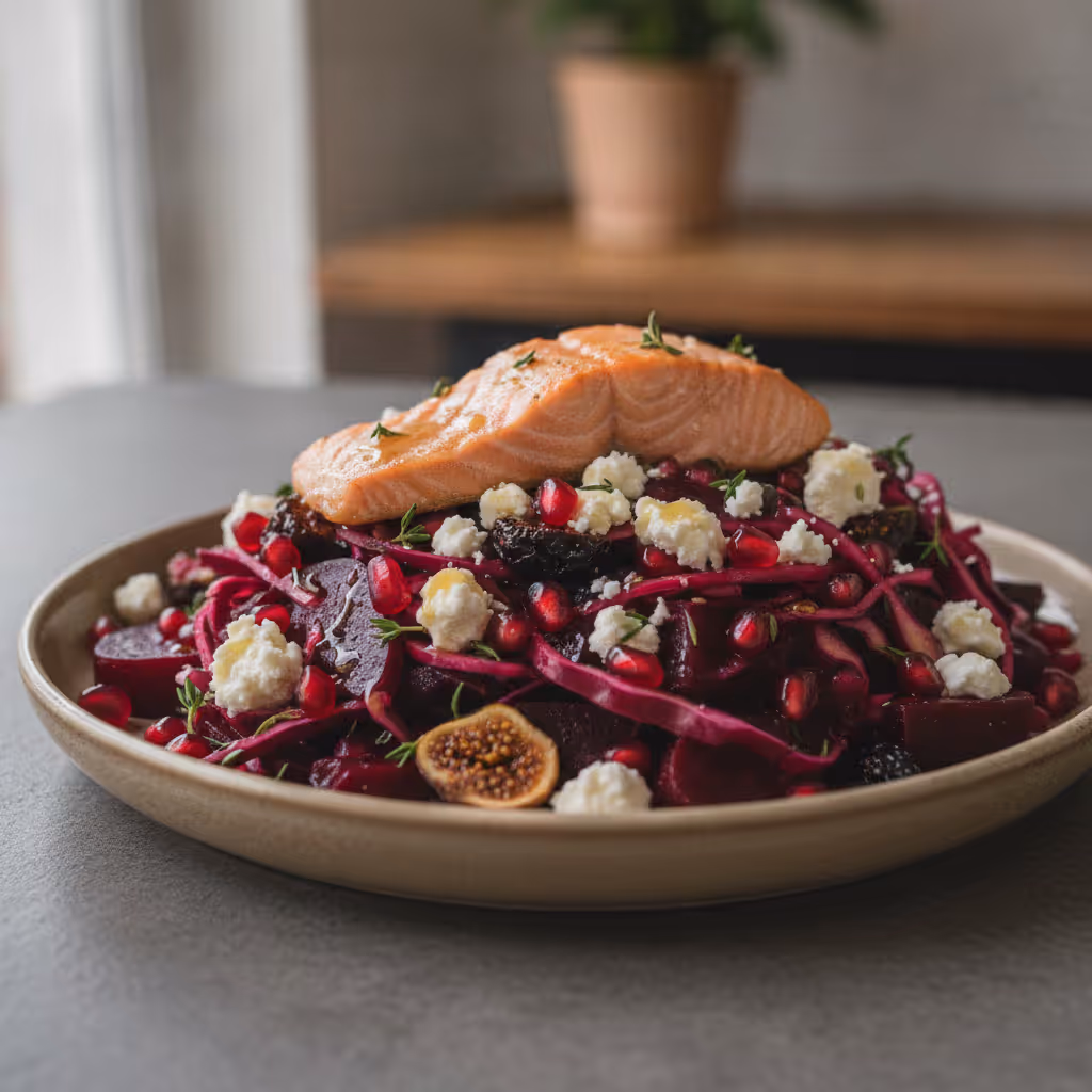 Rotkohl-Rote-Bete-Salat mit Feta und gegartem Lachs, fertig angerichtet