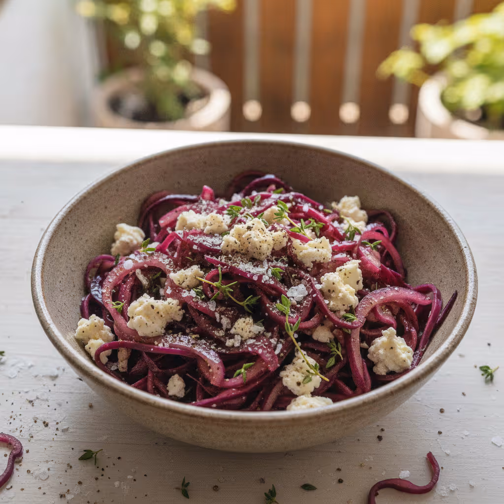 Rotkohlsalat mit Schafskäse, fertig angerichtet