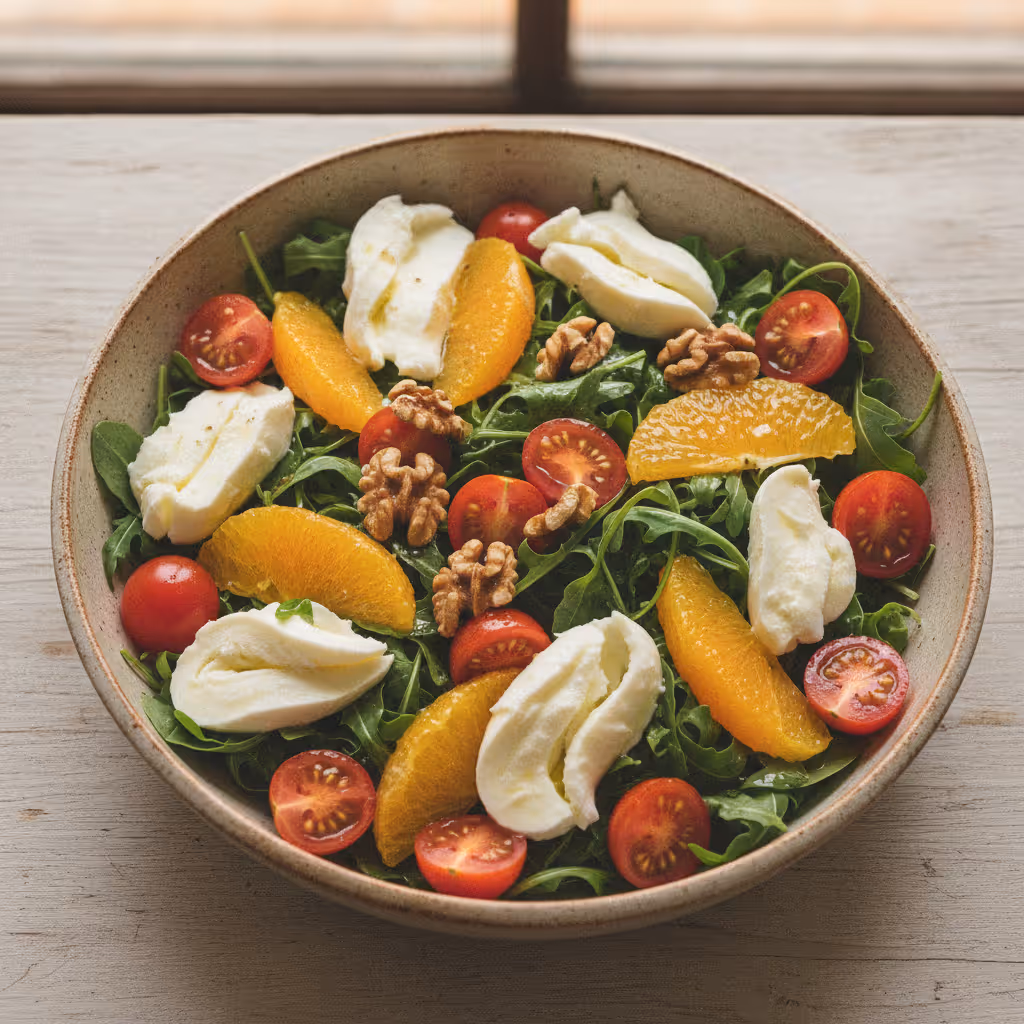 Rucola mit Tomaten, Mozzarella, Orangen und Walnüssen, fertig angerichtet