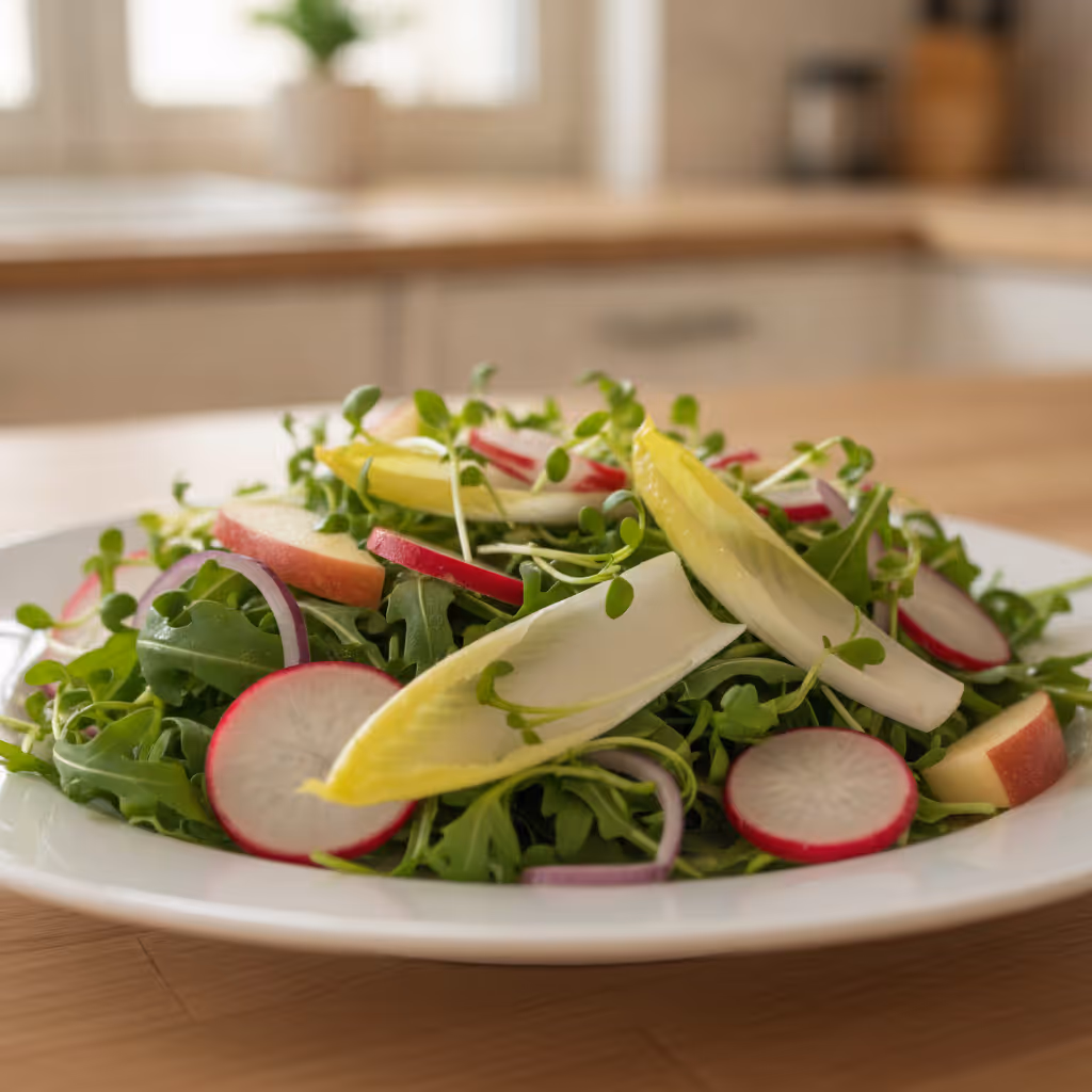 Salat mit Chicorée, Radieschen und Äpfeln, fertig angerichtet