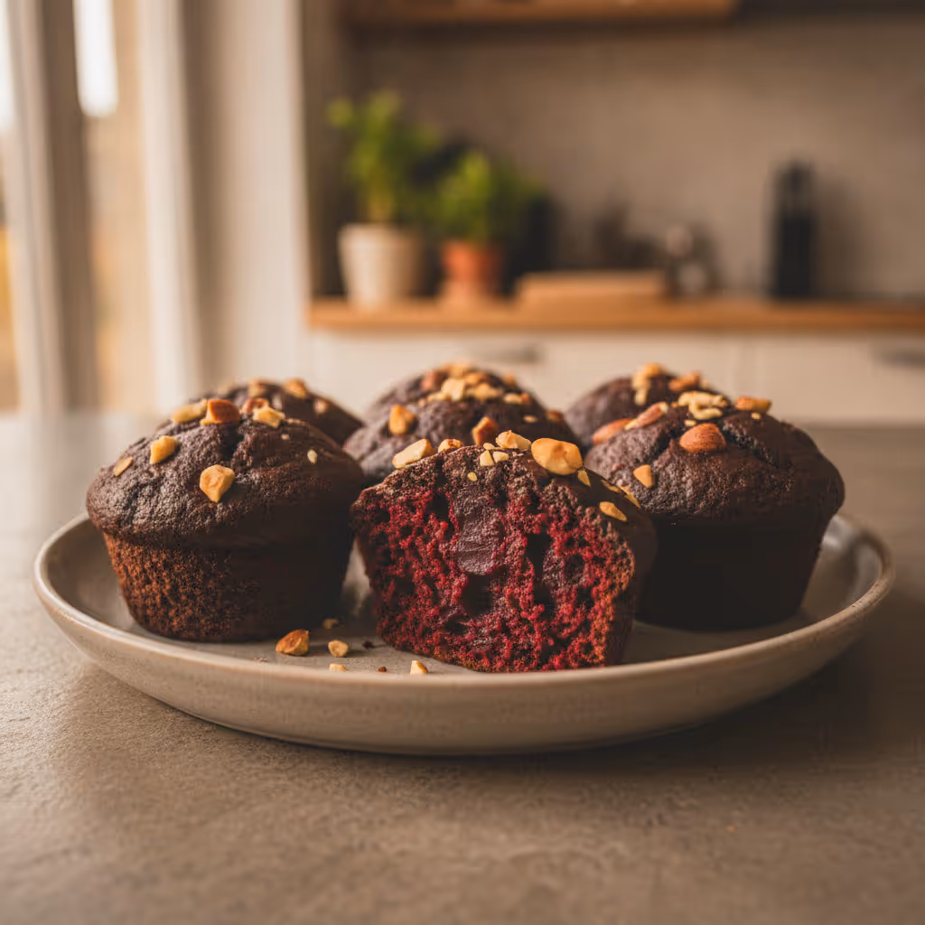 Schokoladenmuffins mit Roter Beete, fertig angerichtet