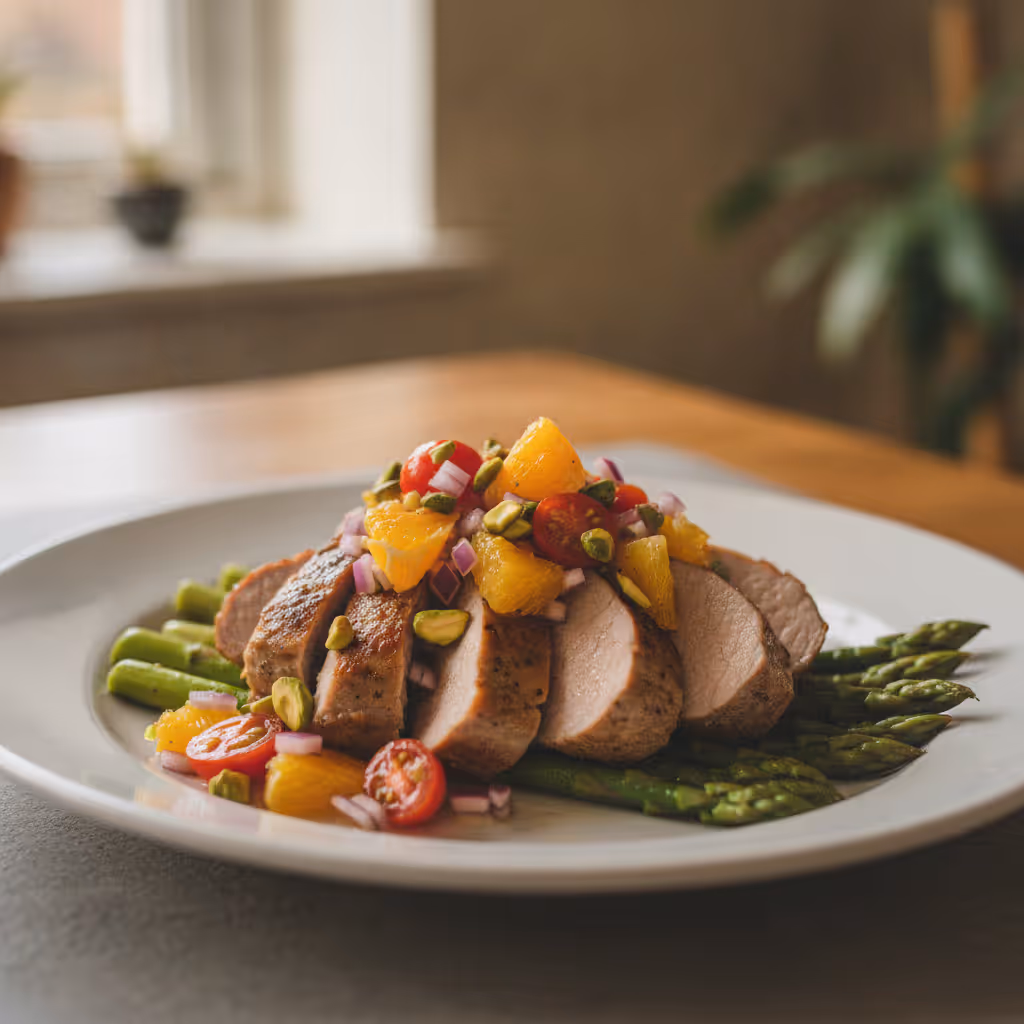 Schweinefilet mit grünem Spargel an Orangen-Pistazien-Salsa
