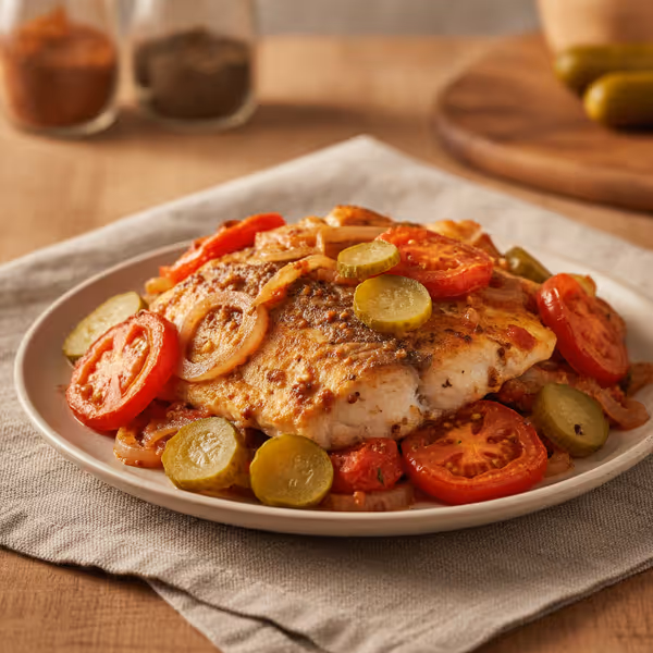 Seelachsfilet mit Gewürzgurken aus dem Ofen