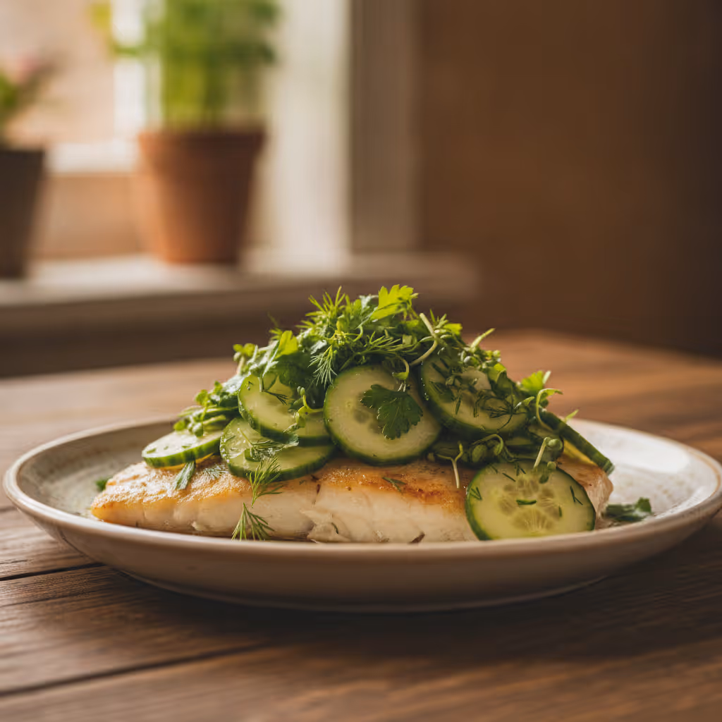 Seelachsfilet mit Gurken-Kräuter-Beilage, fertig angerichtet