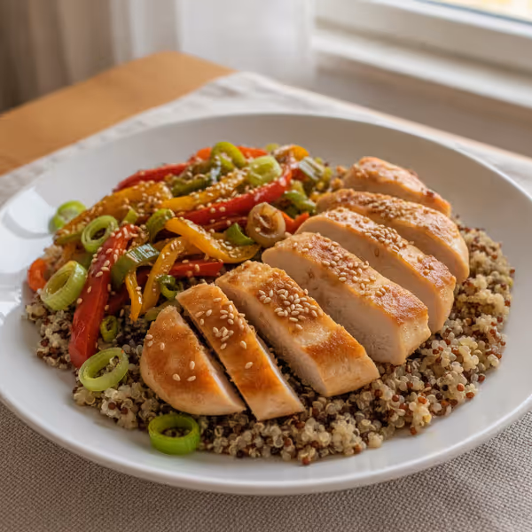 Sesam Hühnchen mit Quinoa und Gemüse