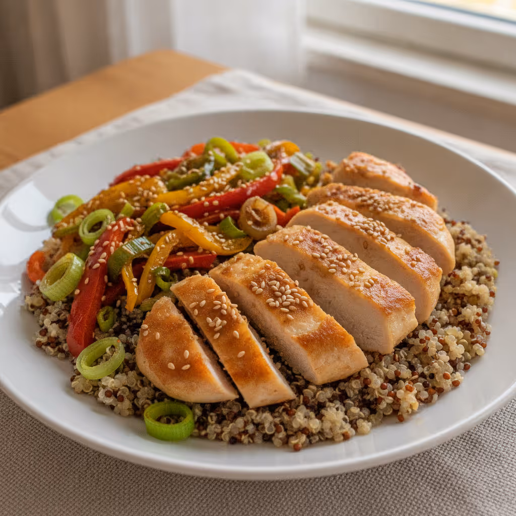 Sesam Hühnchen mit Quinoa und Gemüse, fertig angerichtet