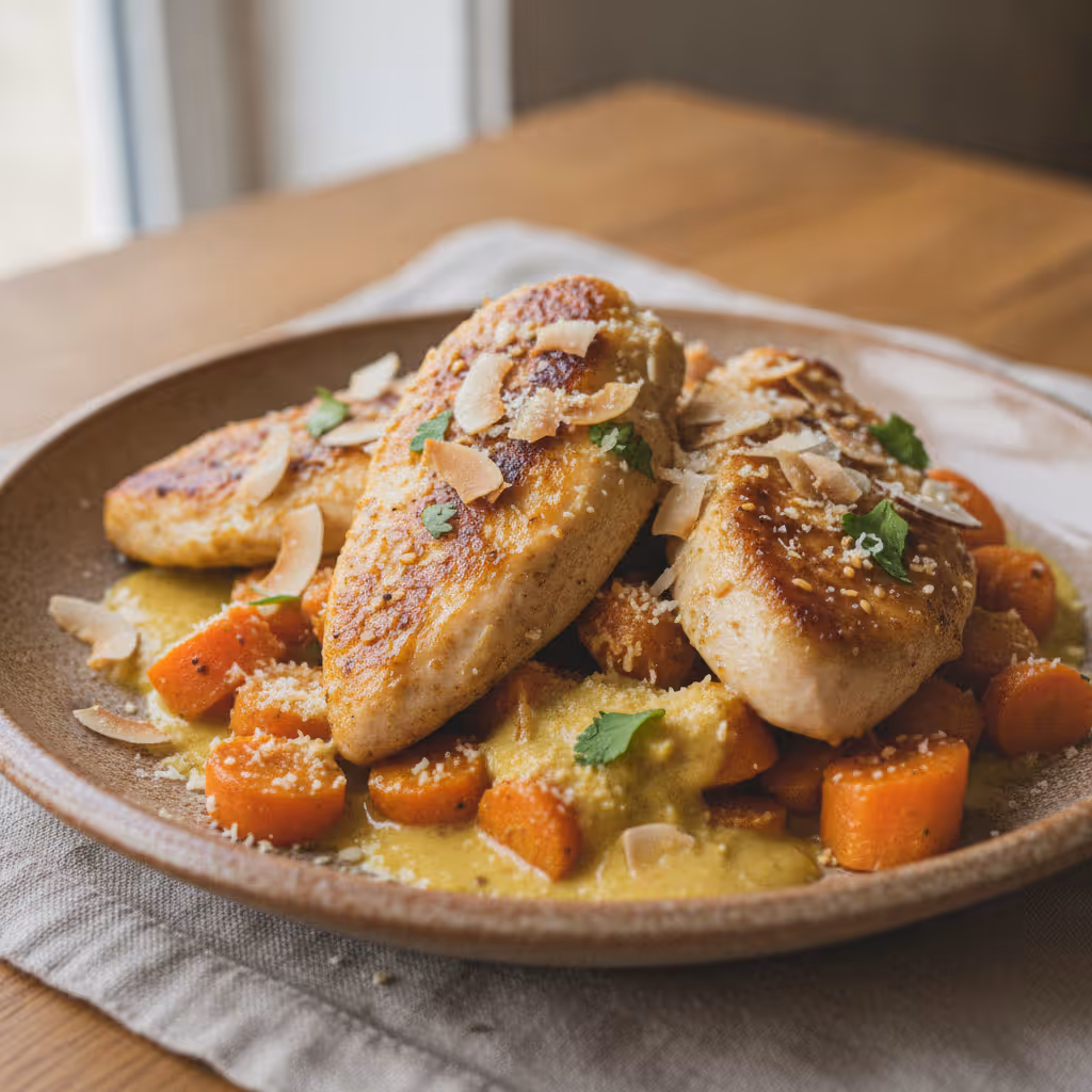 Sesamhähnchen mit Karotten, fertig angerichtet