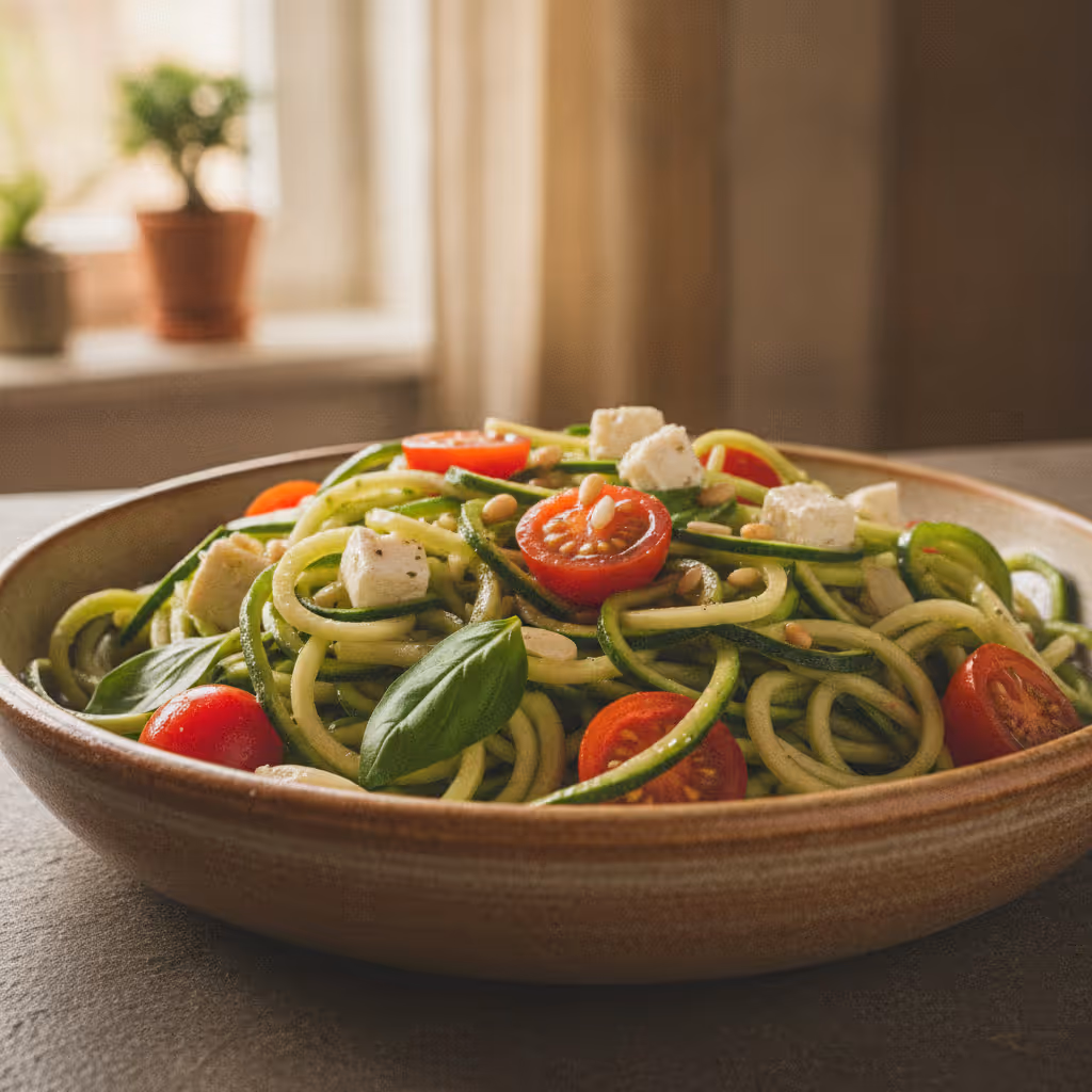 Sommerlicher Zucchinispaghetti-Salat, fertig angerichtet
