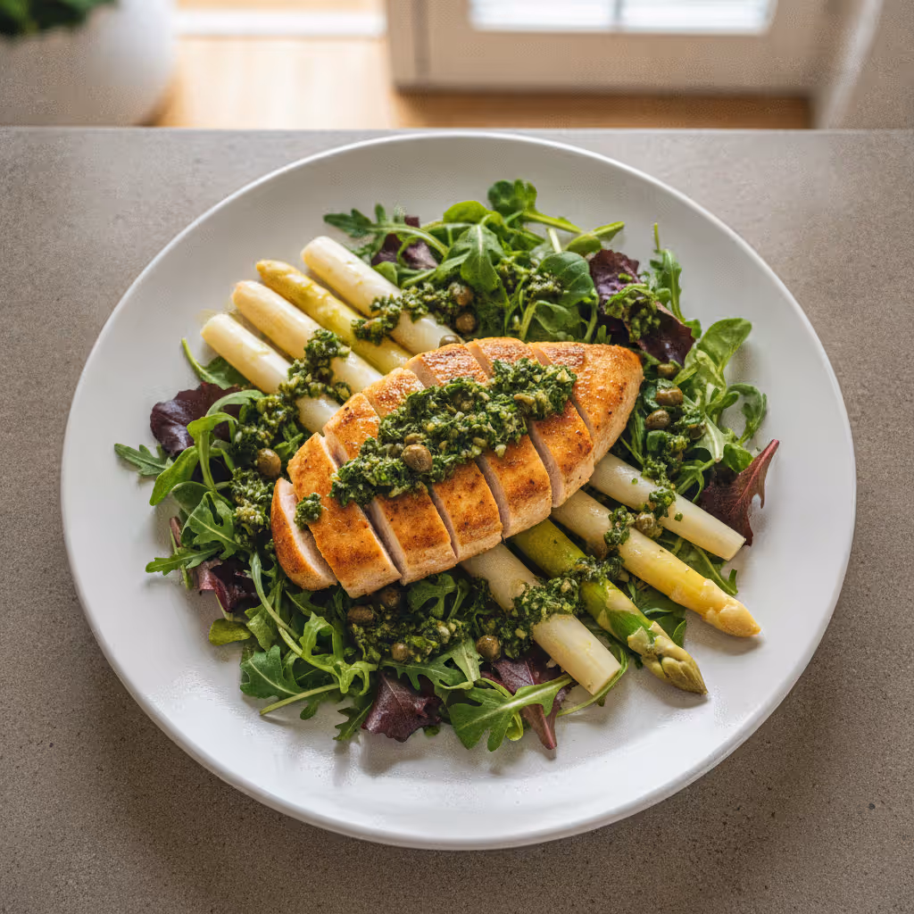 Spargel und Hähnchenbrustfilet auf Babysalat mit Salsa Verde