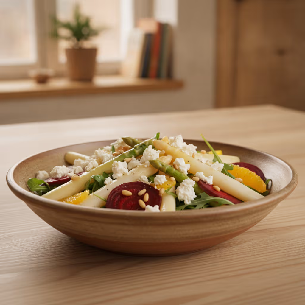 Spargelsalat mit Schafskäse auf roter Beete, fertig angerichtet