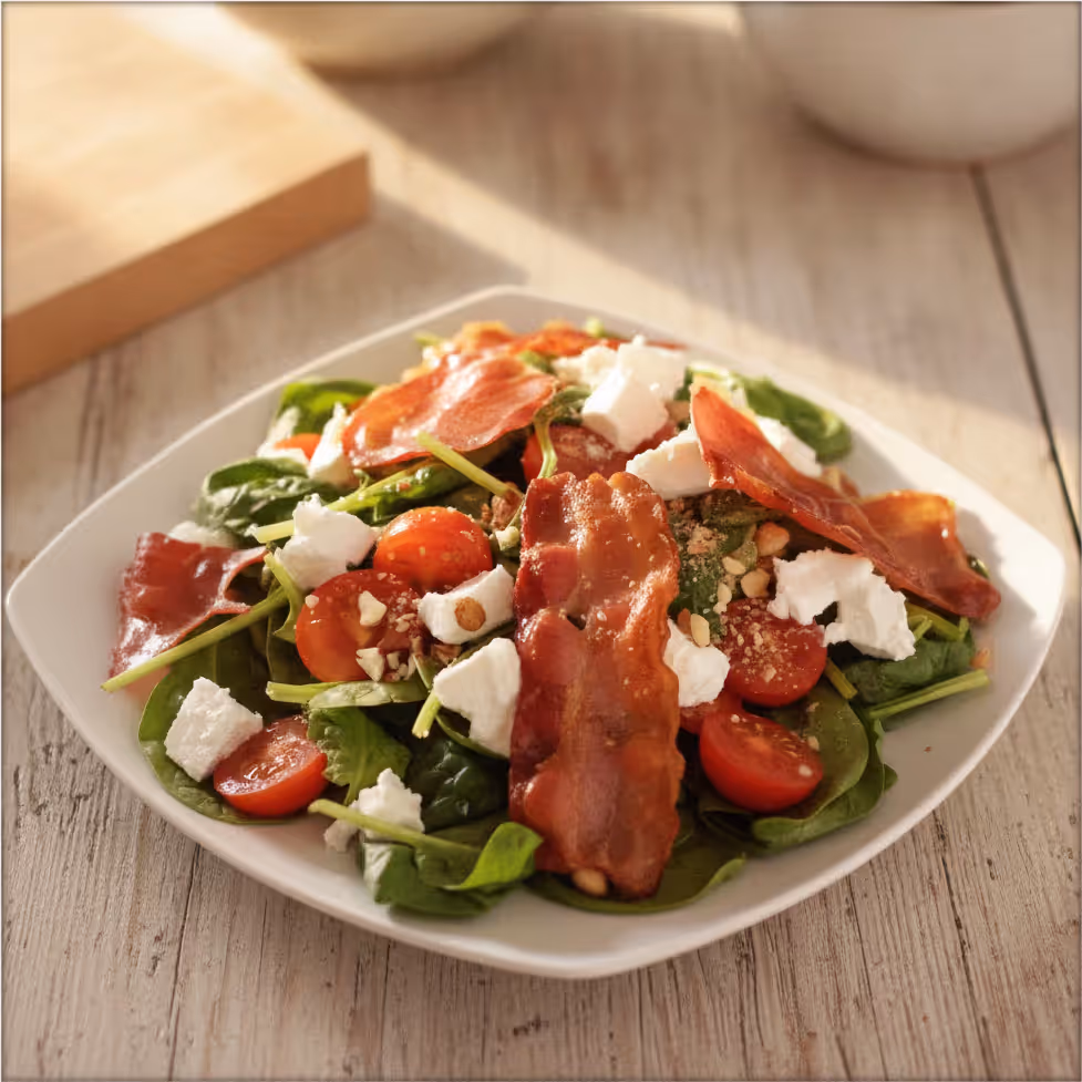 Spinatsalat mit Ziegenkäse, Bacon und Haselnüssen, fertig angerichtet