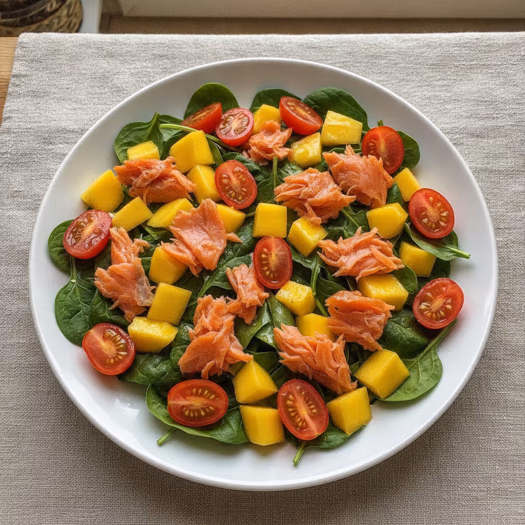 Stremellachs mit Mango und Tomaten auf Babyspinat, fertig angerichtet