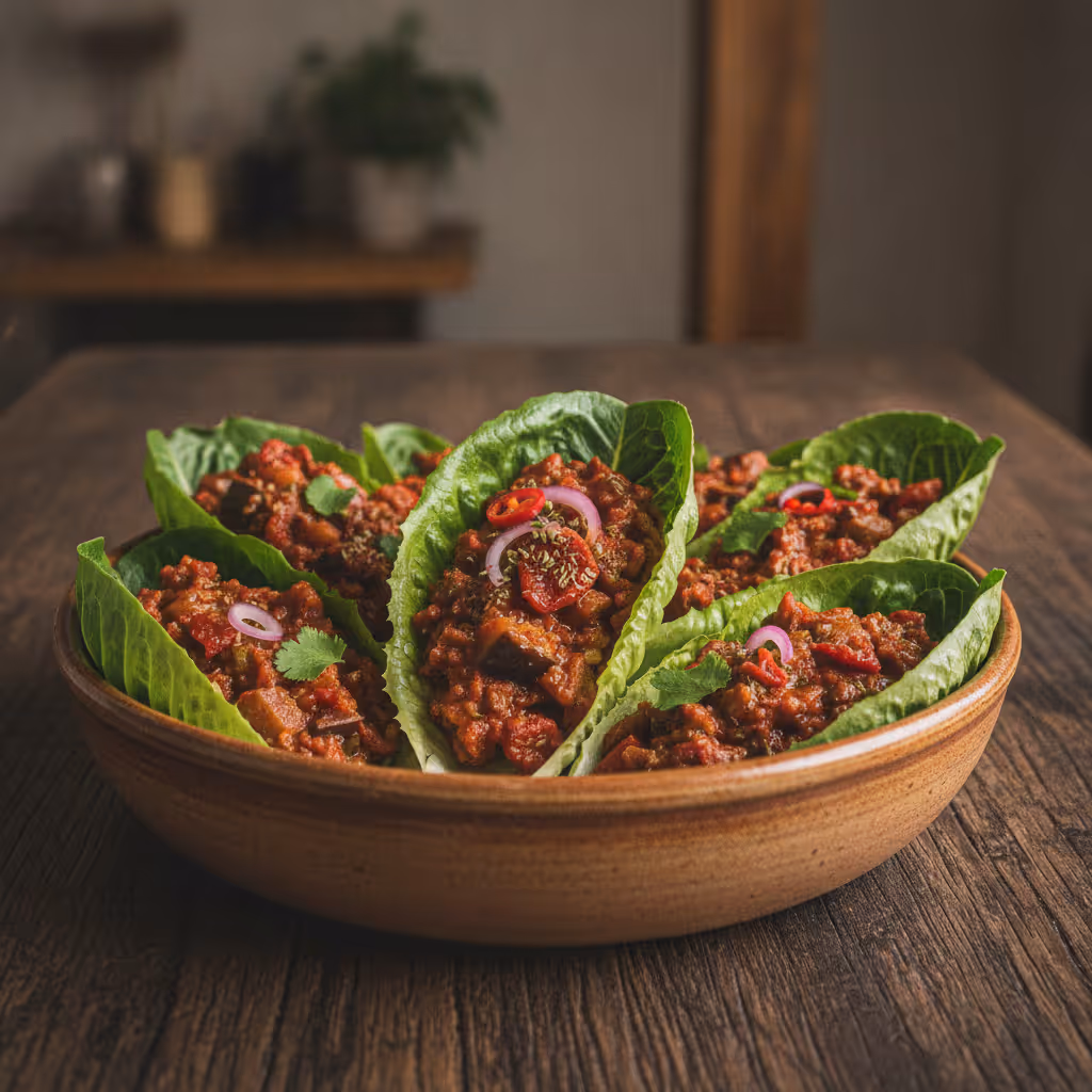 Vegane Chili sin carne im Salatschiffchen, fertig angerichtet