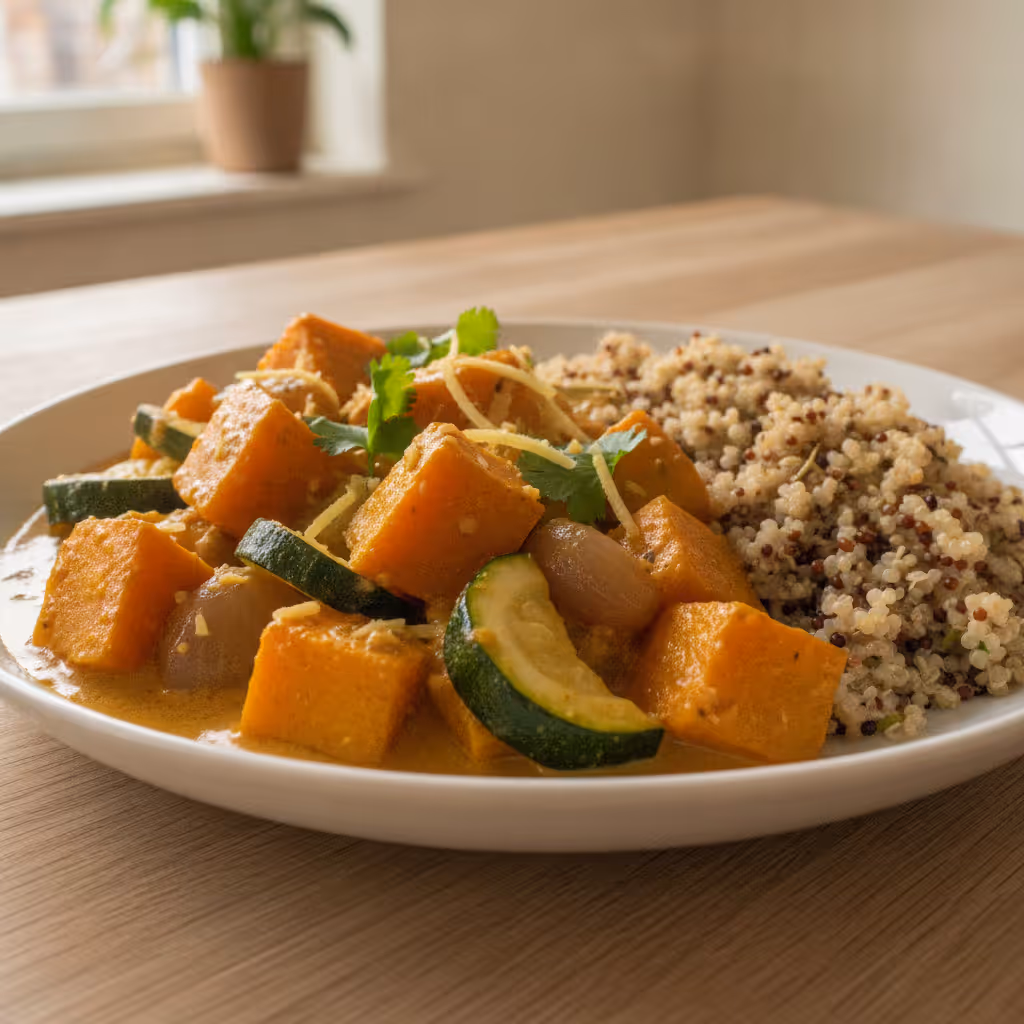 Veganes Kürbiscurry mit orientalischer Quinoa, fertig angerichtet
