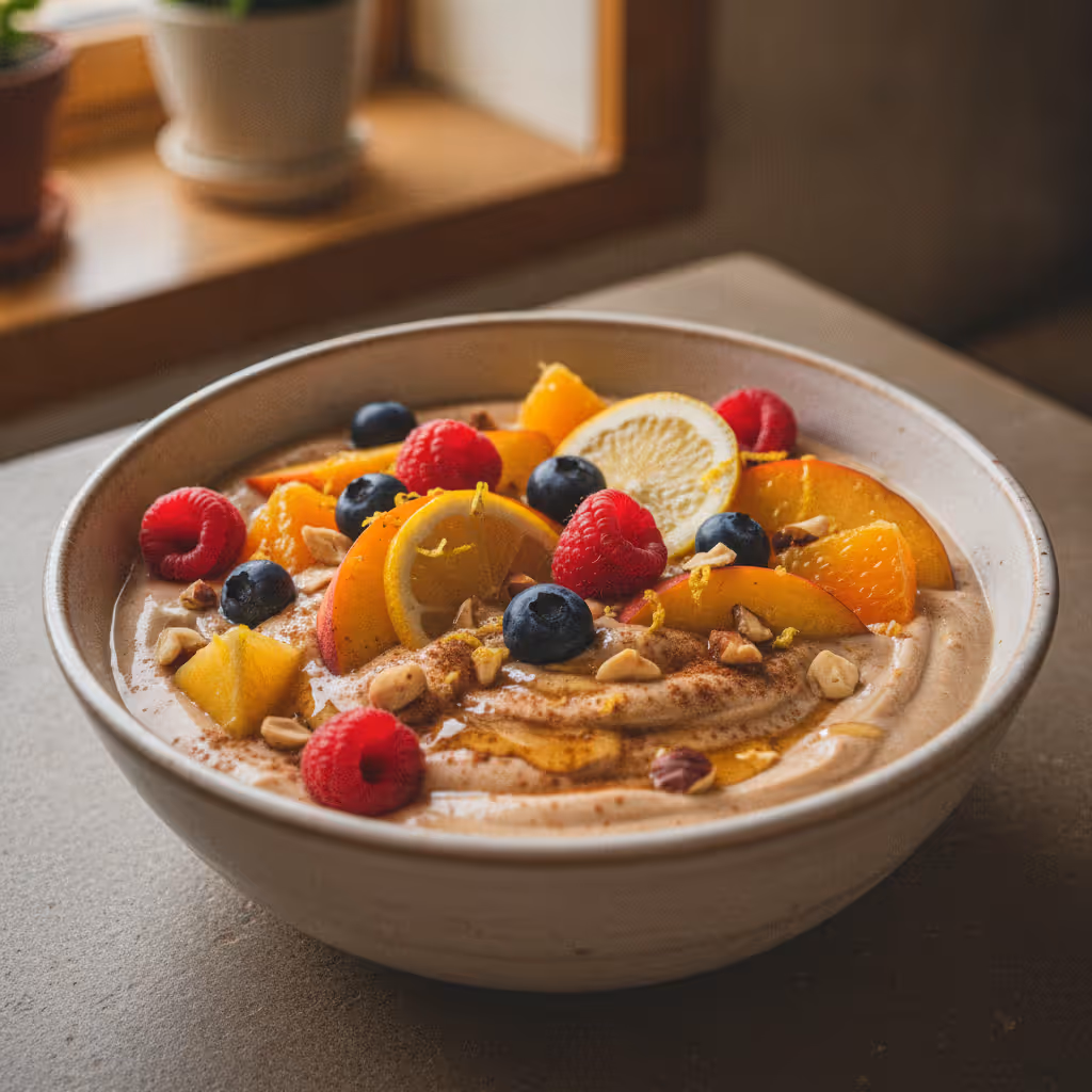 Zimtjoghurt mit frischem Obst, fertig angerichtet