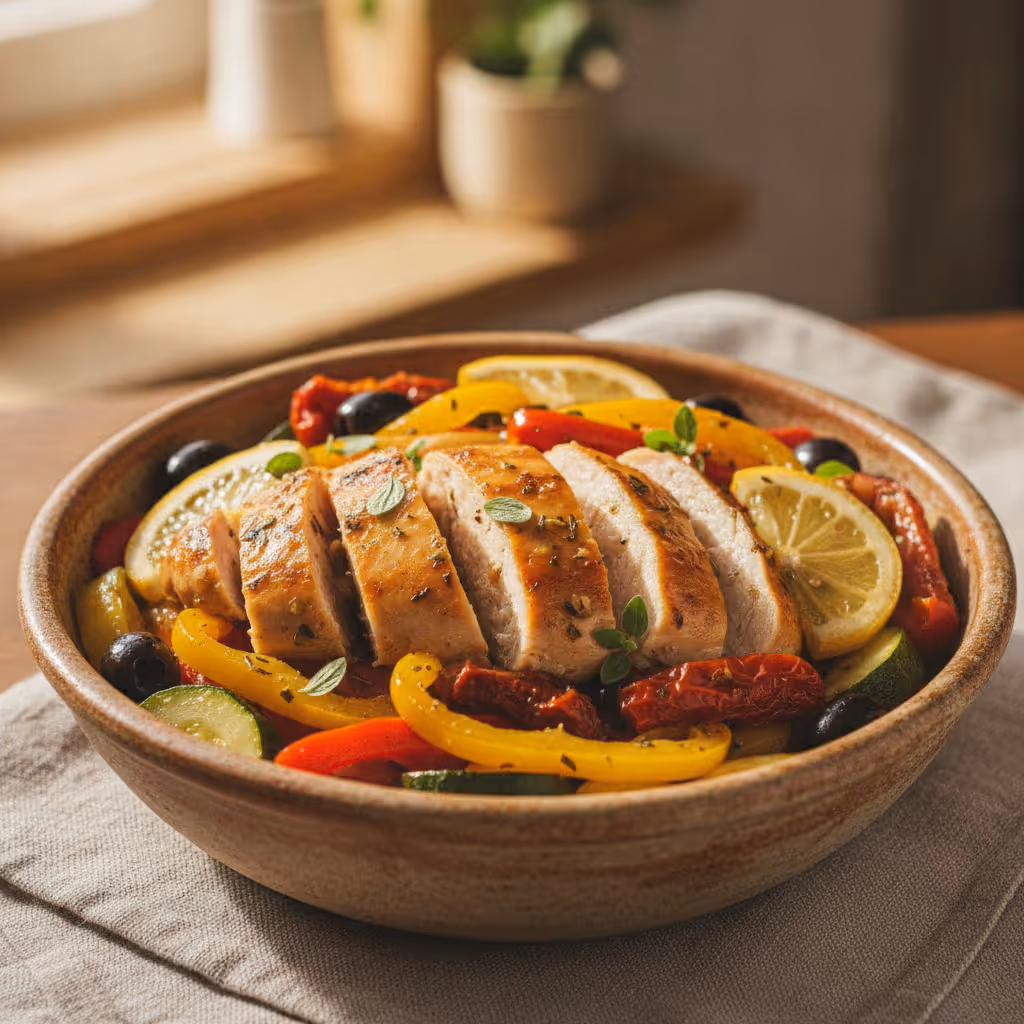 Zitronen-Hähnchen in mediterranem Gemüse