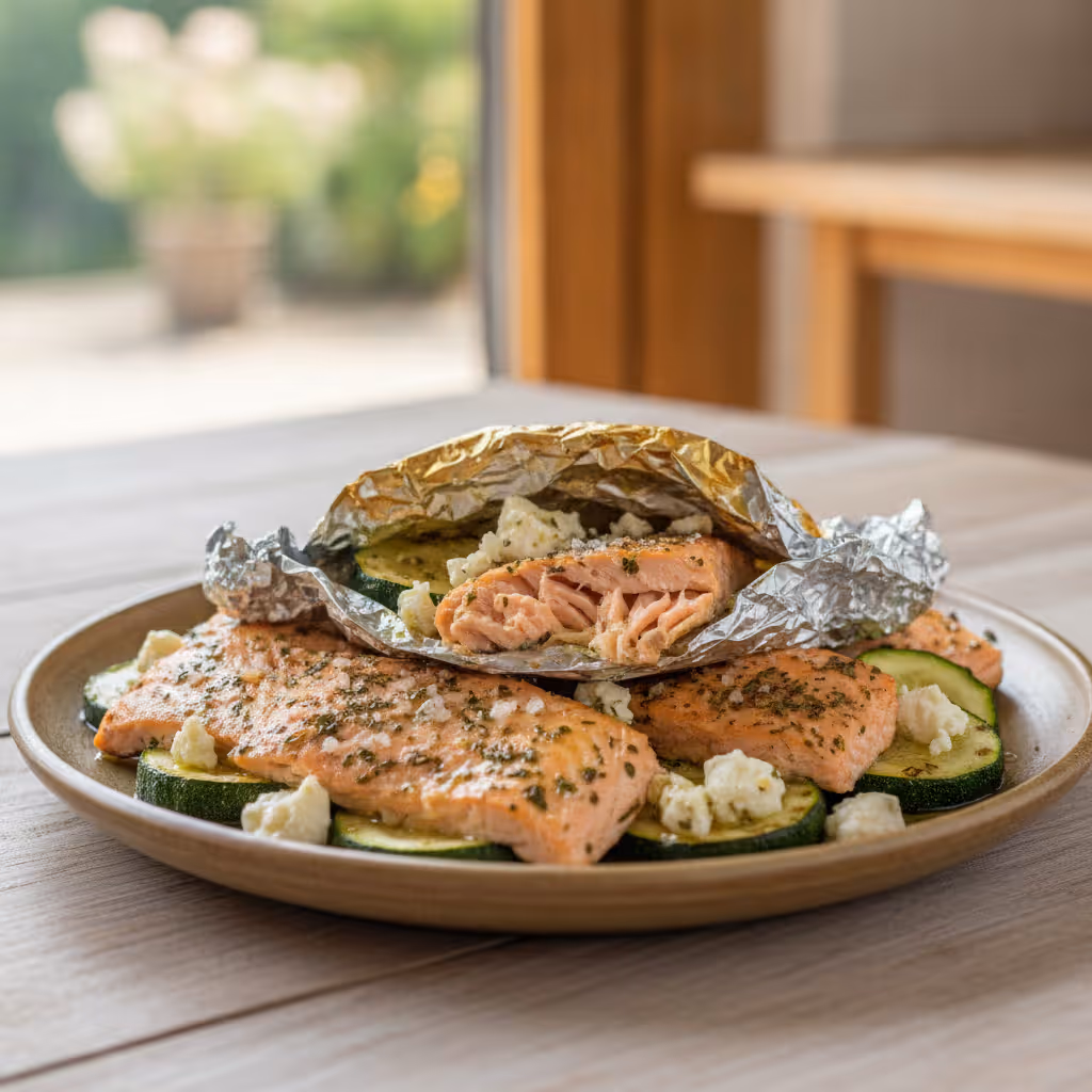 Zucchini-Feta-Lachs Päckchen vom Grill, fertig angerichtet