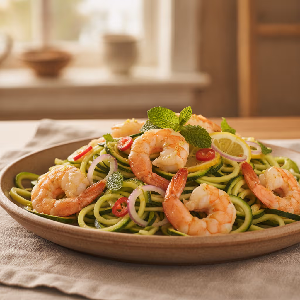 Zucchininudeln mit Scampi an Zitronensauce, fertig angerichtet