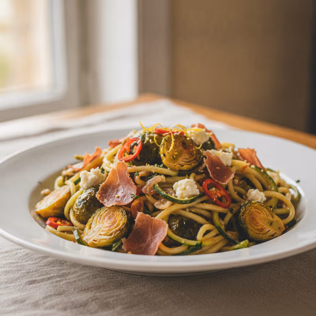 Zudeln mit Rosenkohl-Serrano-Ziegenkäse-Sauce