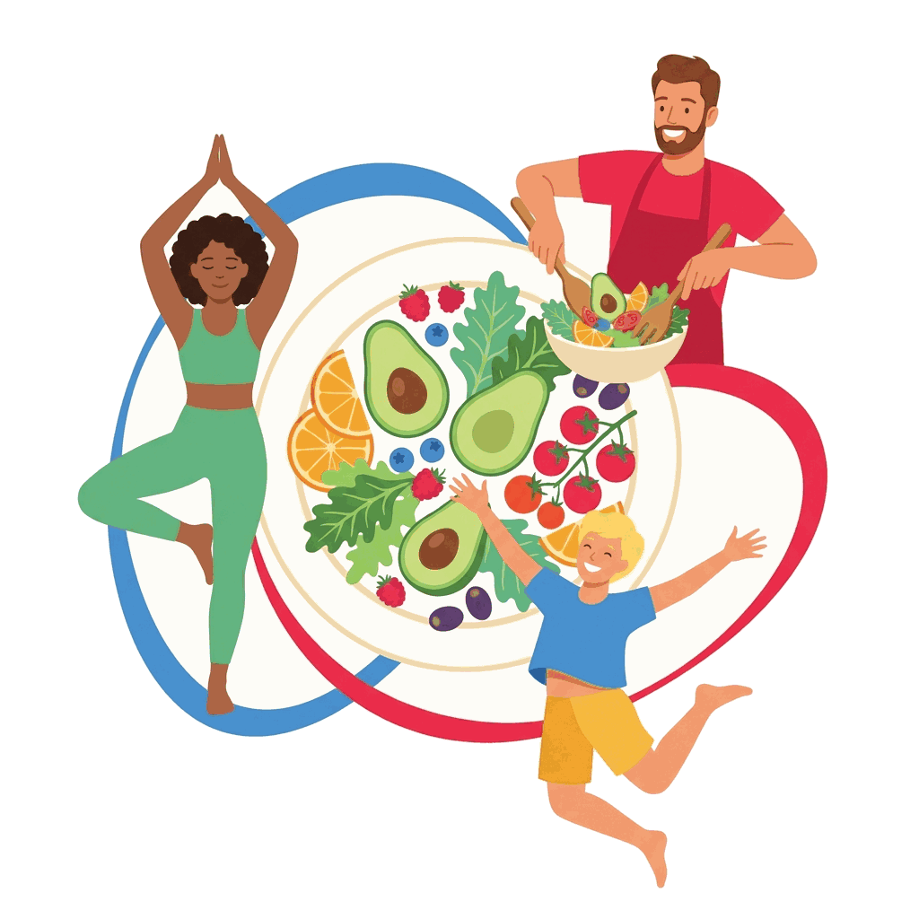 Illustration: Menschen rund um einen Teller mit frischem, gesundem Essen